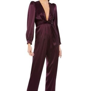 Size 4 Mac Duggal Plum 2647 Front Twist V-Neck Long Puff Sleeve Jumpsuit NWT